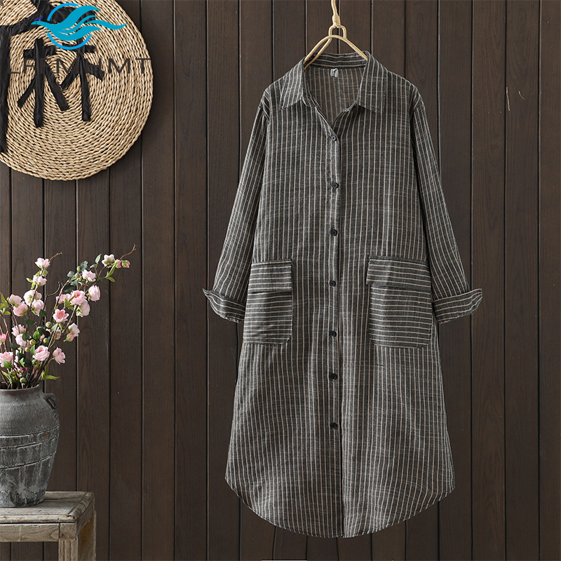 Women'S Fashion Labels - Cotton Linen Striped Shirt Dress Women