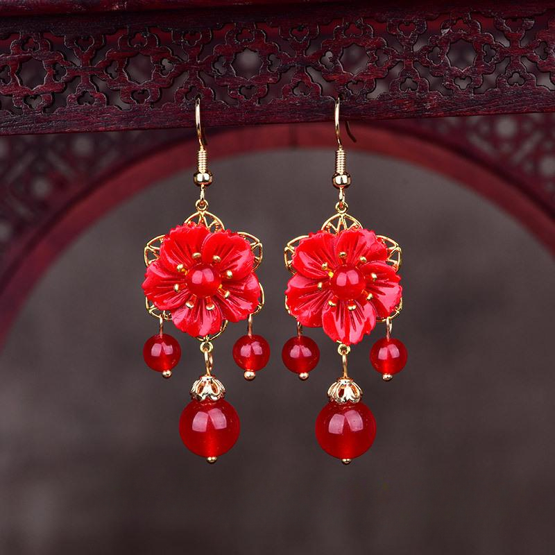 Red Jade Flower Earrings Jewel - Women Fashion Jewellery avis et prix
